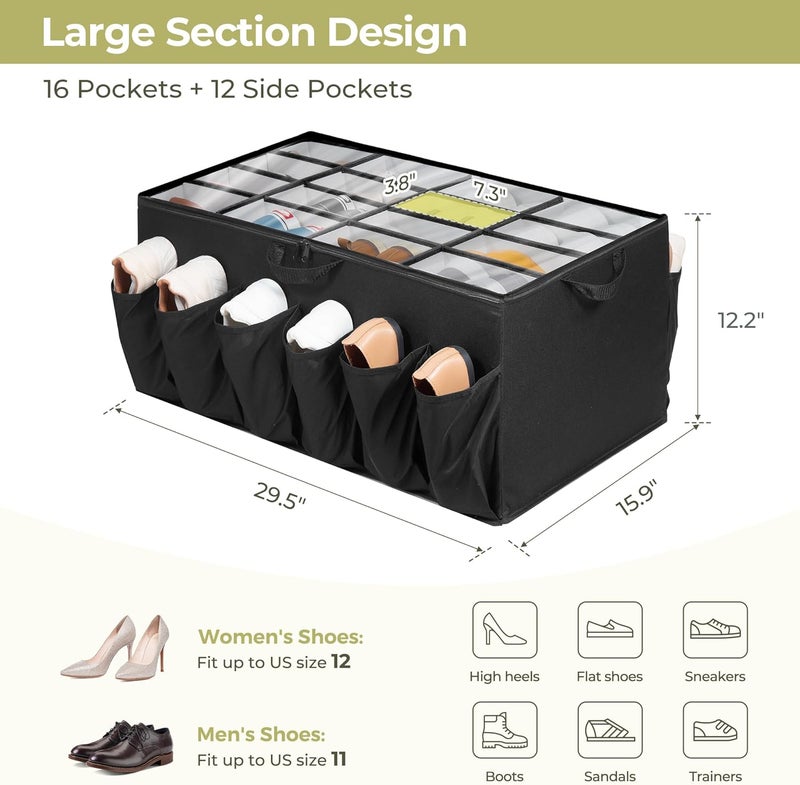 STORAGEIDEAS Shoe Organizer for Closet, Shoe Storage Solution with Clear Cover & Adjustable Dividers, Fabric Shoe Box Fits 16 +12 Pairs Shoes, Black, 2-Pack - Image 2